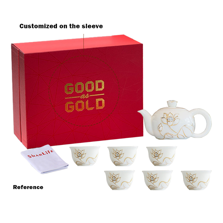 Ceramic Crystal Tea Pot and Cups Set with Elegant Lotus Pattern