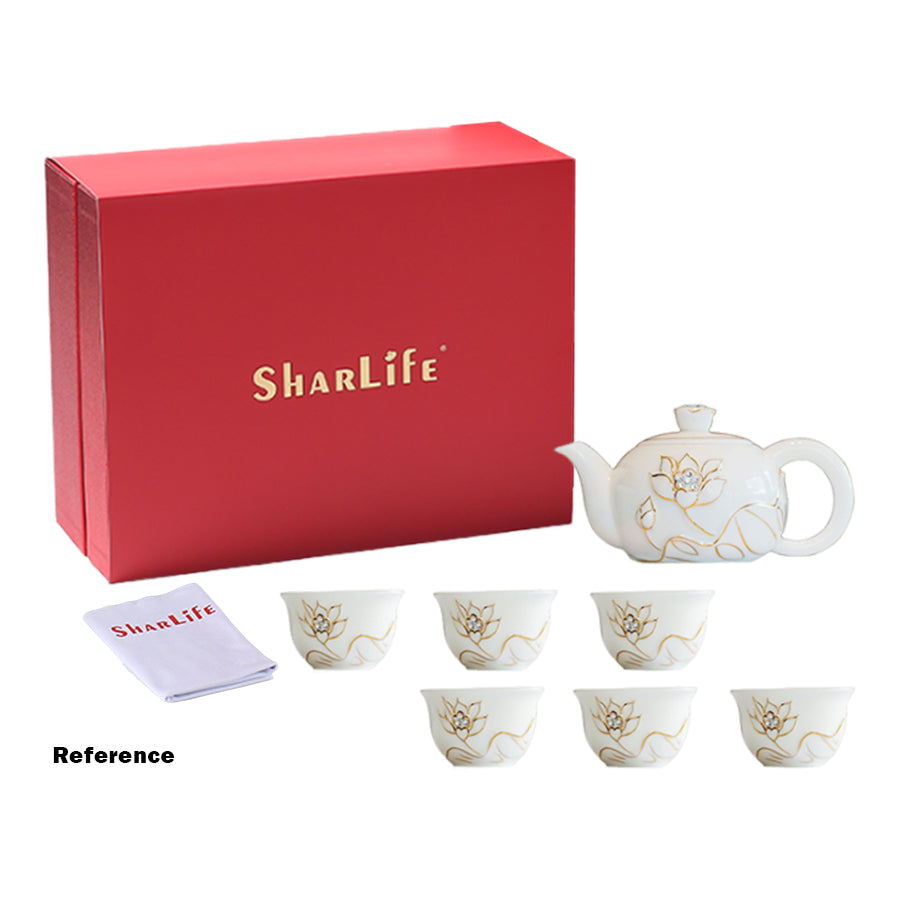 Ceramic Crystal Tea Pot and Cups Set with Elegant Lotus Pattern