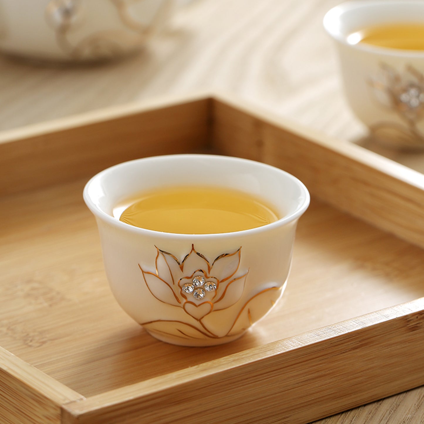 Ceramic Crystal Tea Pot and Cups Set with Elegant Lotus Pattern