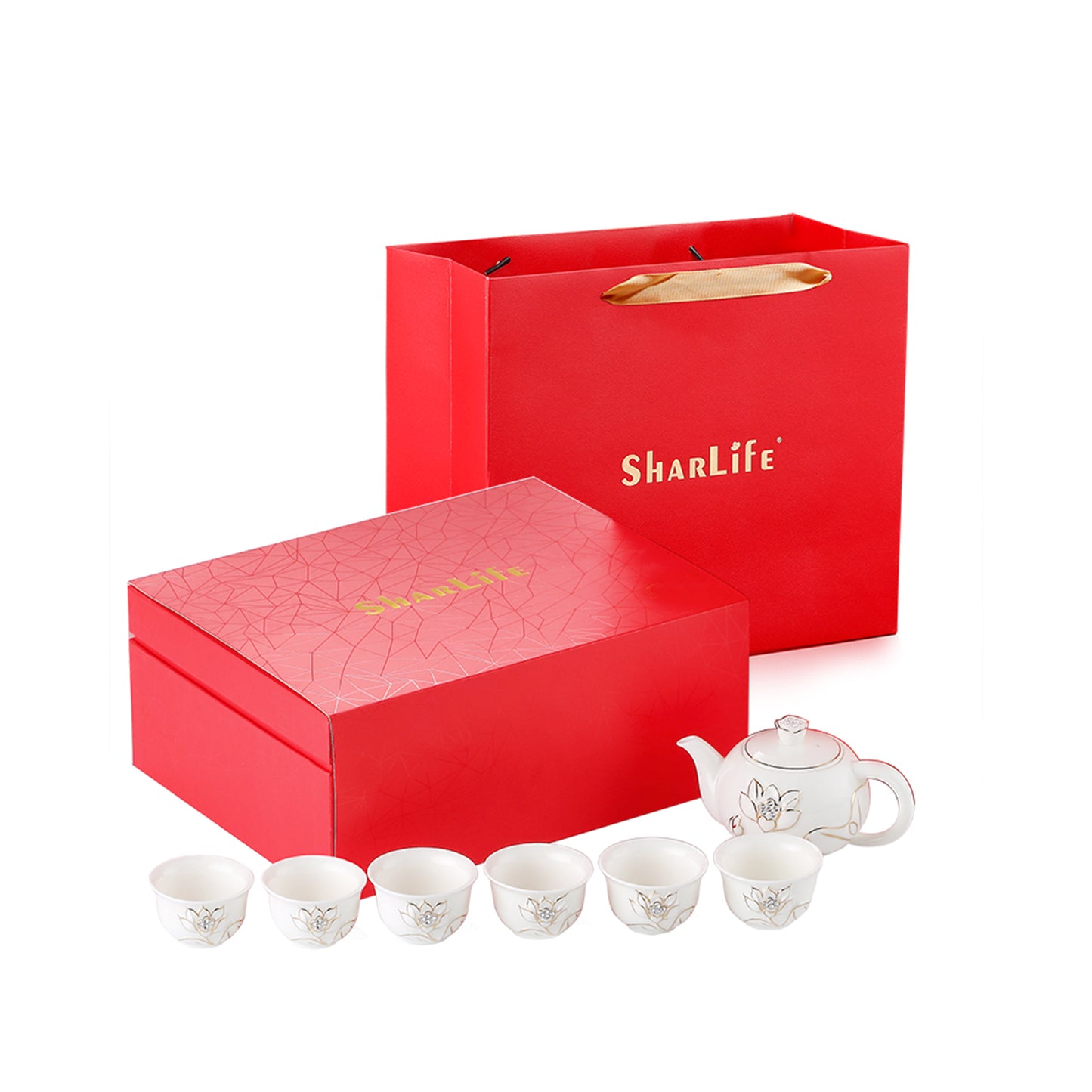 Ceramic Crystal Tea Pot and Cups Set with Elegant Lotus Pattern
