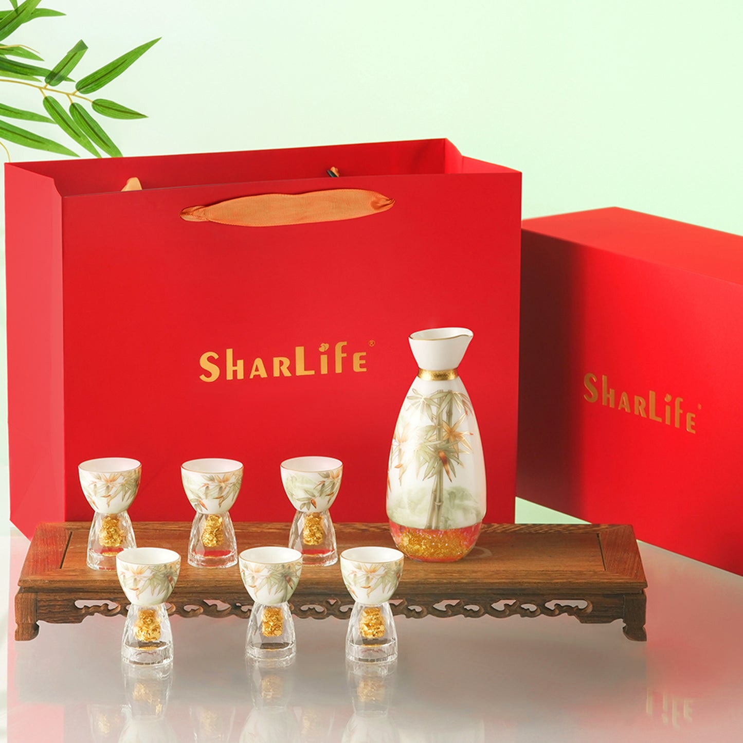 Bamboo-themed Ceramic Gold Foil Shot Glasses Set