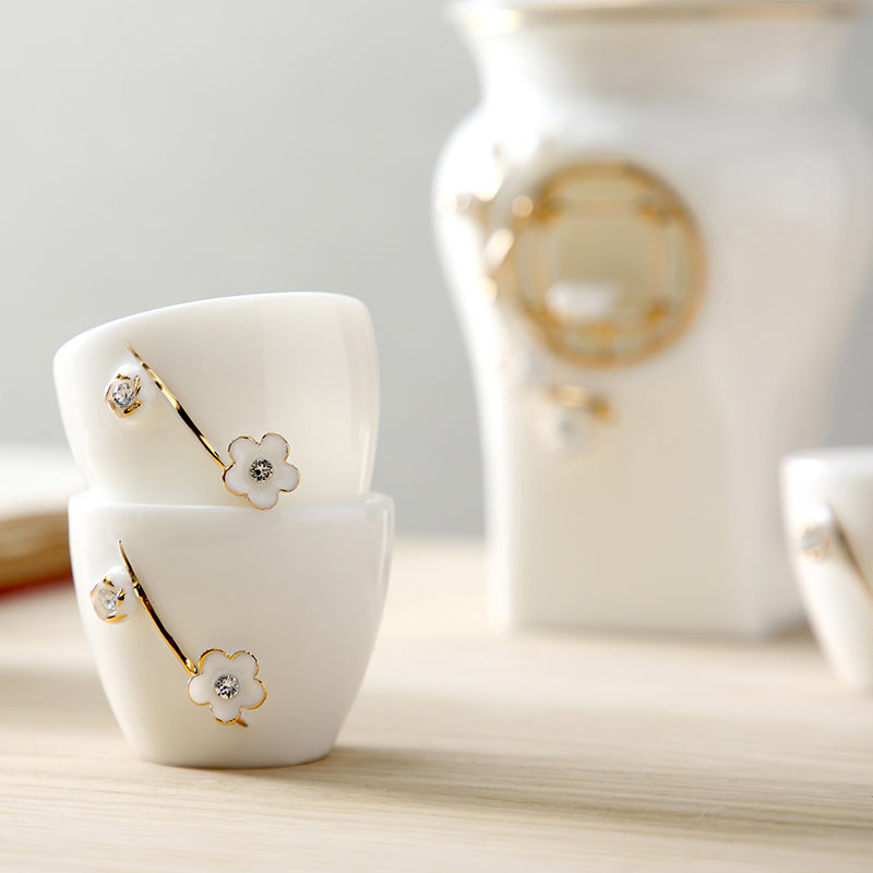 Floral Ceramic Crystal Tea Cups Set