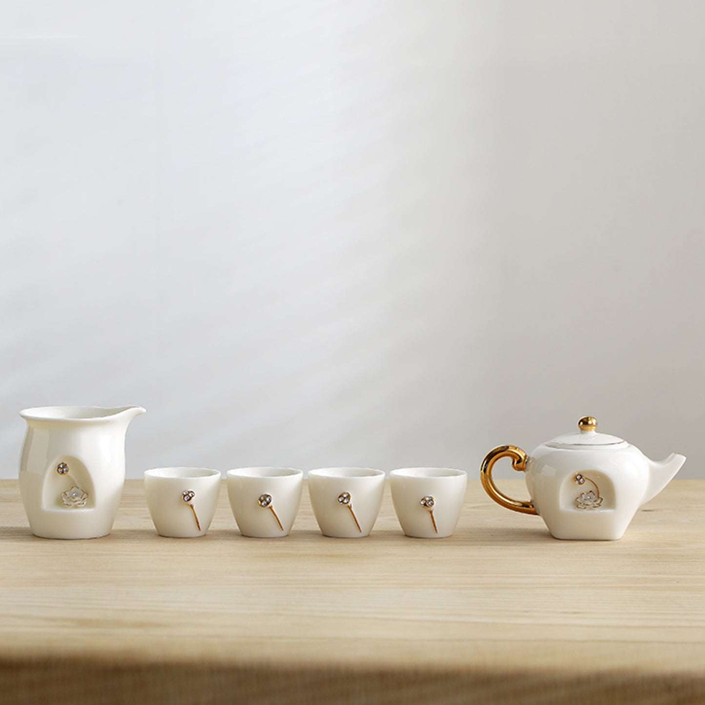 Ceramic Teapot and Cups Set with 3-D Lotus