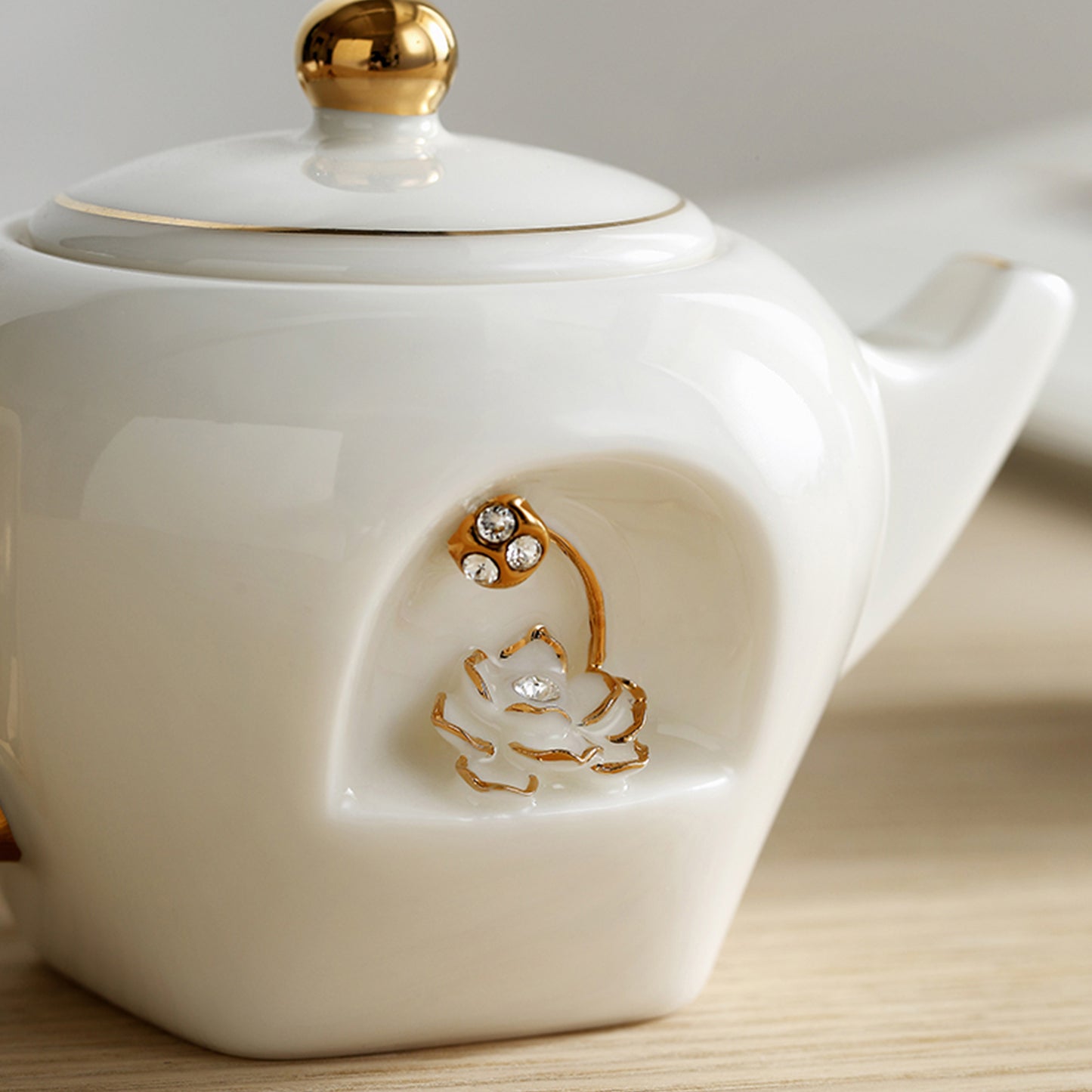 Ceramic Teapot and Cups Set with 3-D Lotus