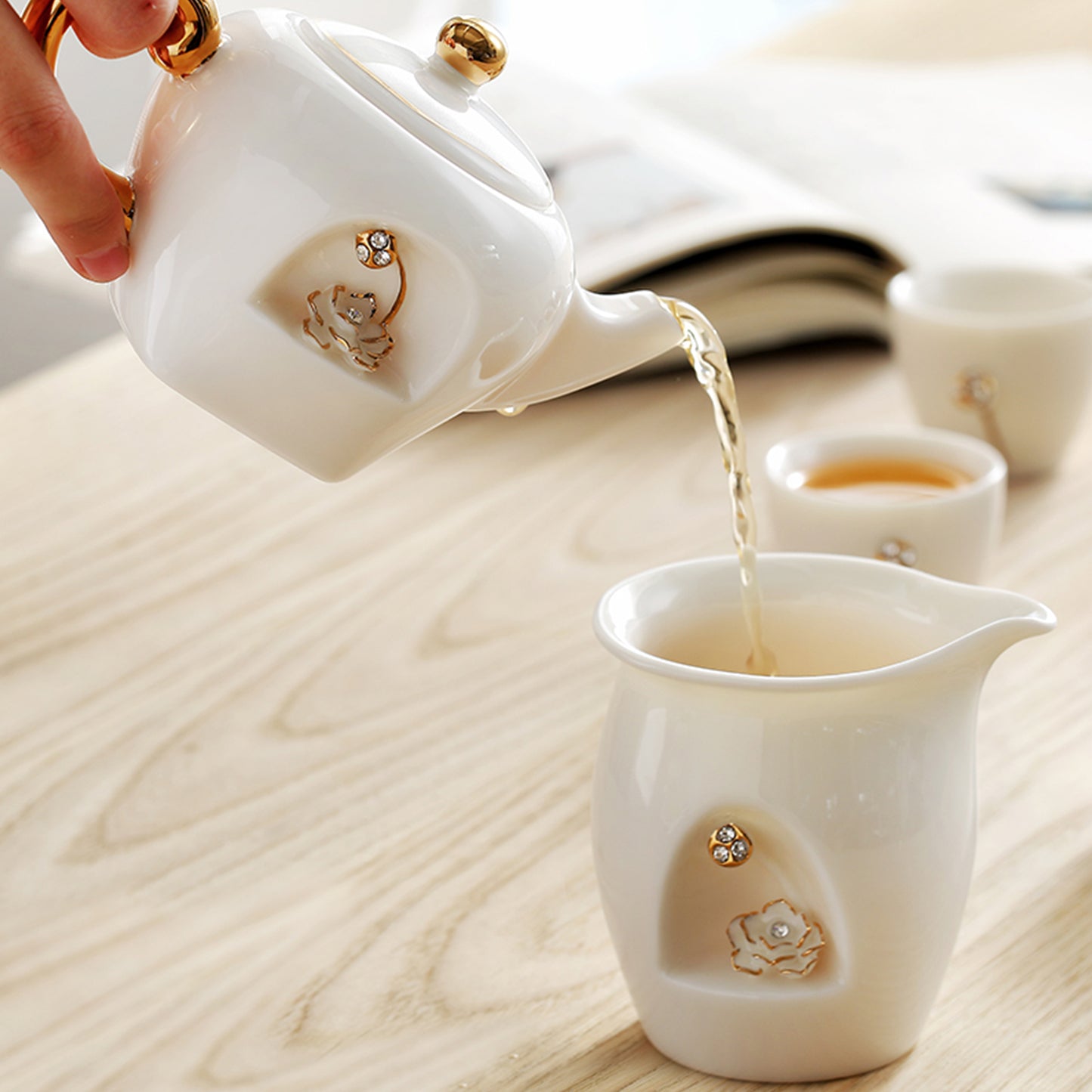 Ceramic Teapot and Cups Set with 3-D Lotus