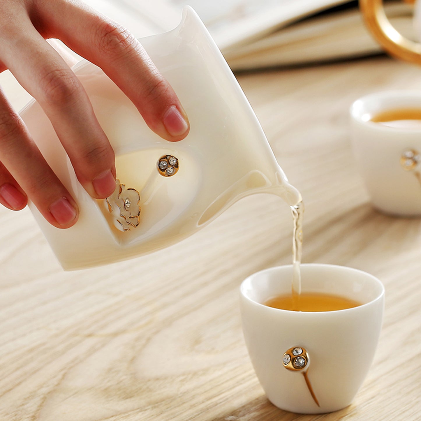 Ceramic Teapot and Cups Set with 3-D Lotus