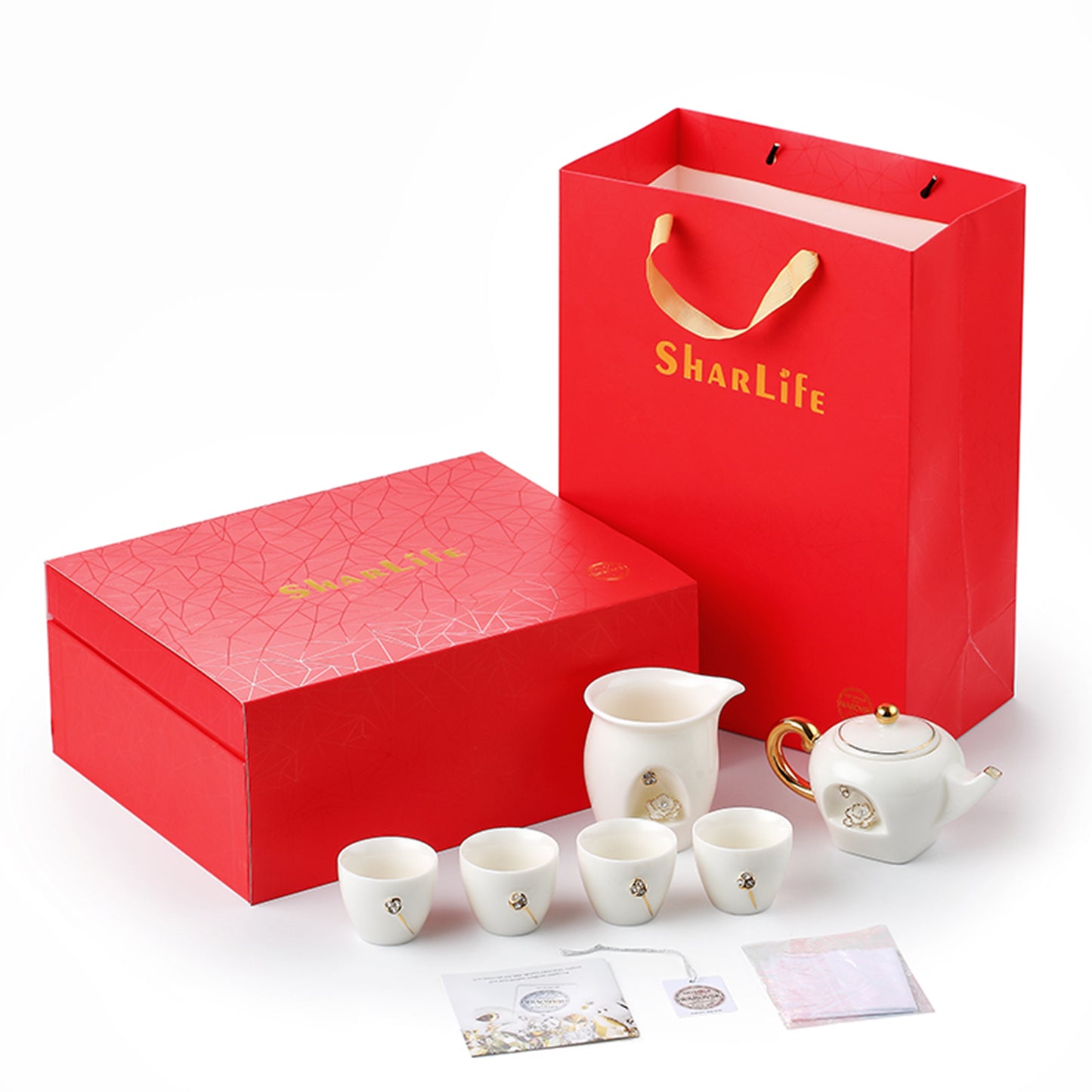 Ceramic Teapot and Cups Set with 3-D Lotus